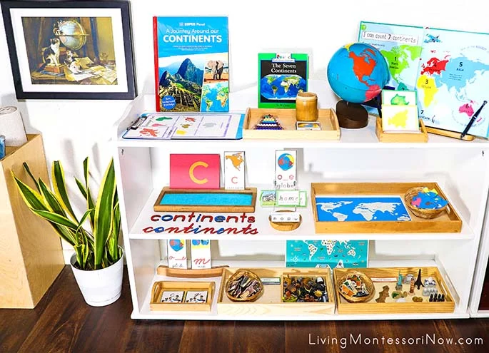 Montessori Shelves with Continents-Themed Activities and the Globetrotters Art Print