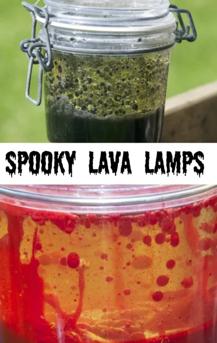 spooky lava lamps made with coloured water and vegetable oil for a Halloween science activity