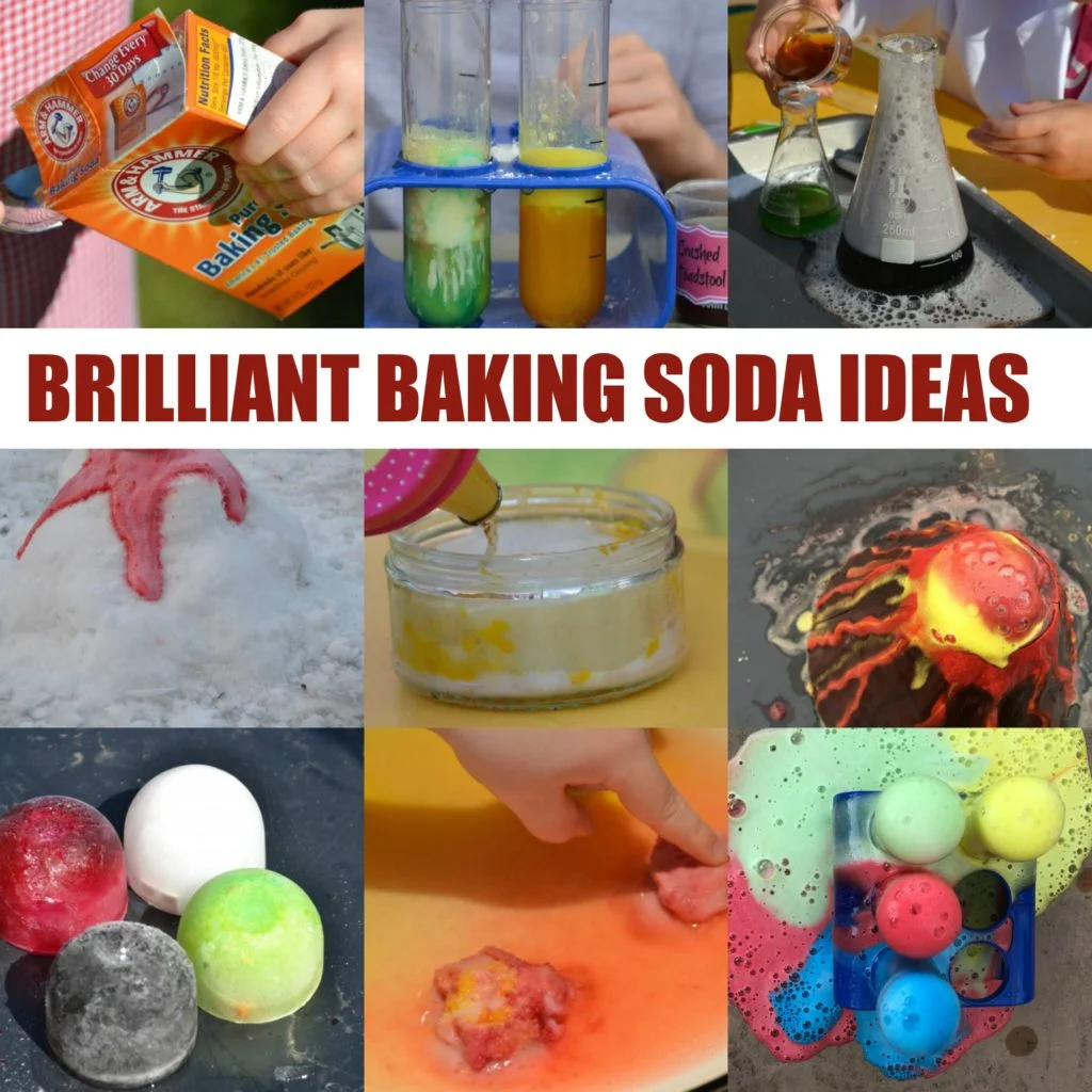 Baking soda experiments including an erupting snow volcano