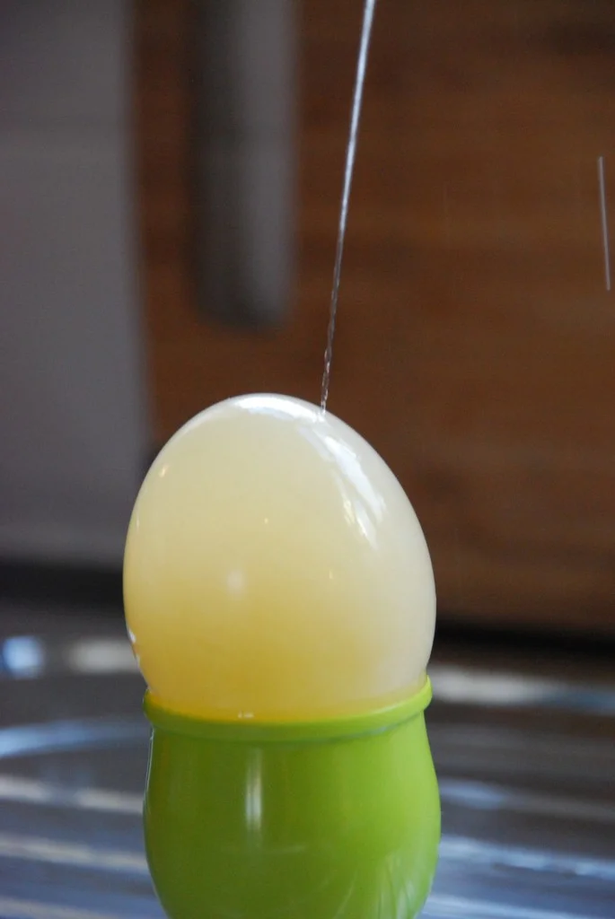 A jet of water shooting out of an egg with no shell