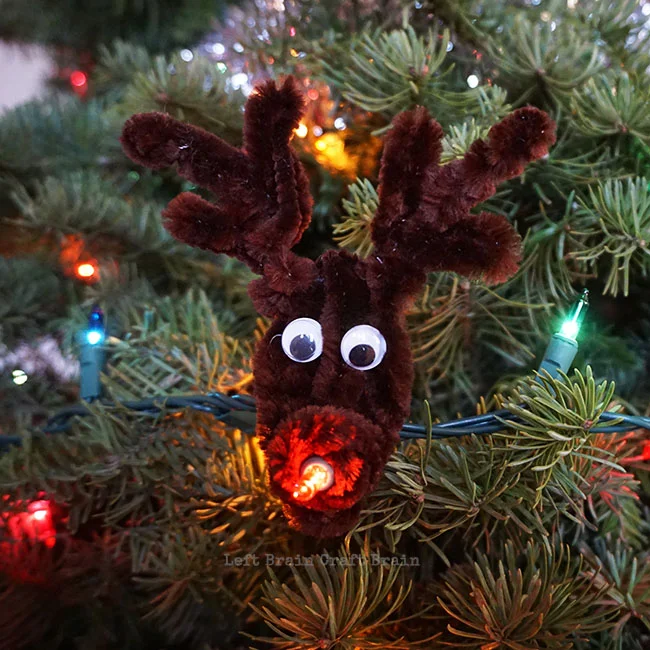 light up rudolph ornament made from pipe cleaners
