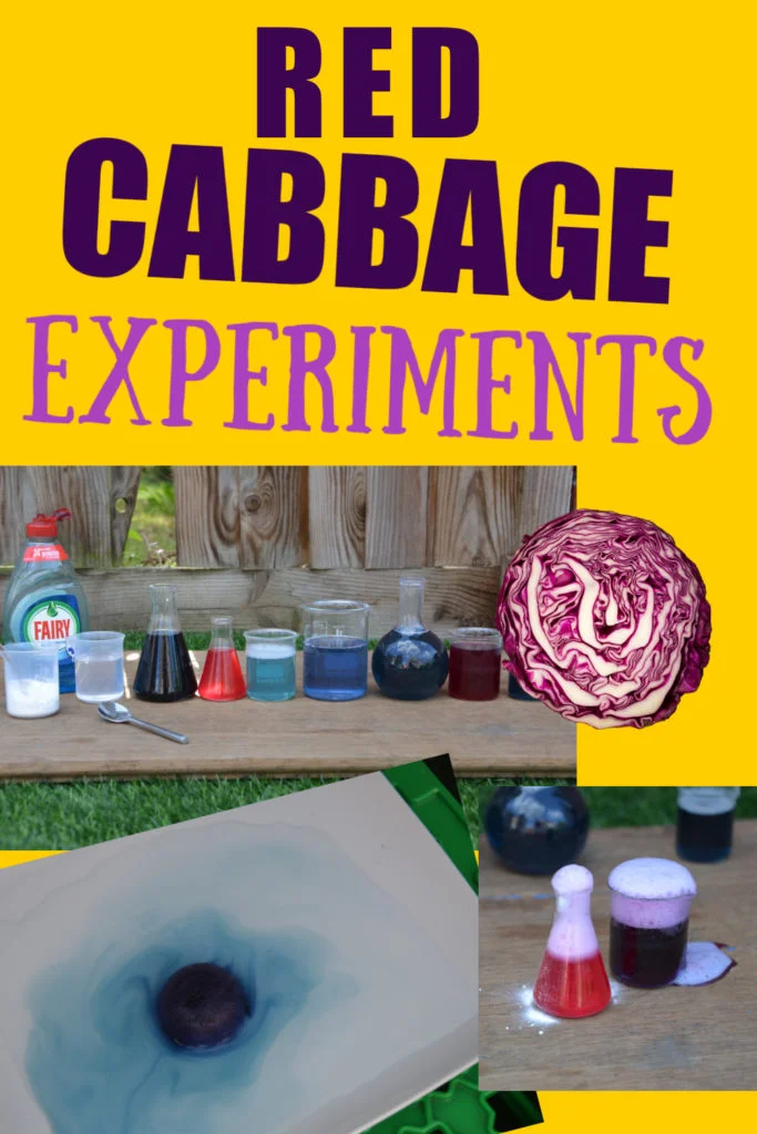 A collage illustrating various red cabbage experiments, showcasing vibrant colors and fizzy reactions
