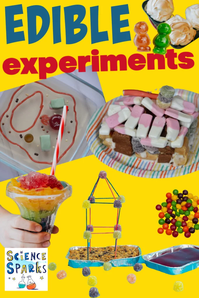 Collage of easy edible experiments including candy towers and slushy drinks