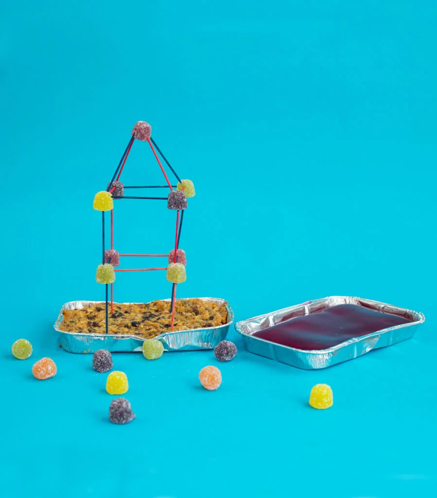 Tower made from gummy sweets and toothpicks in preparation for an earthquake investigation