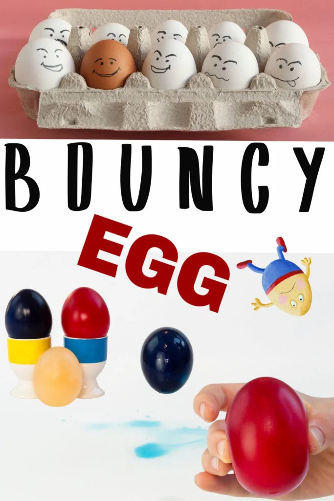 Bouncy egg science experiment for kids. Image shows lots of eggs with the shell removed coloured with food colouring